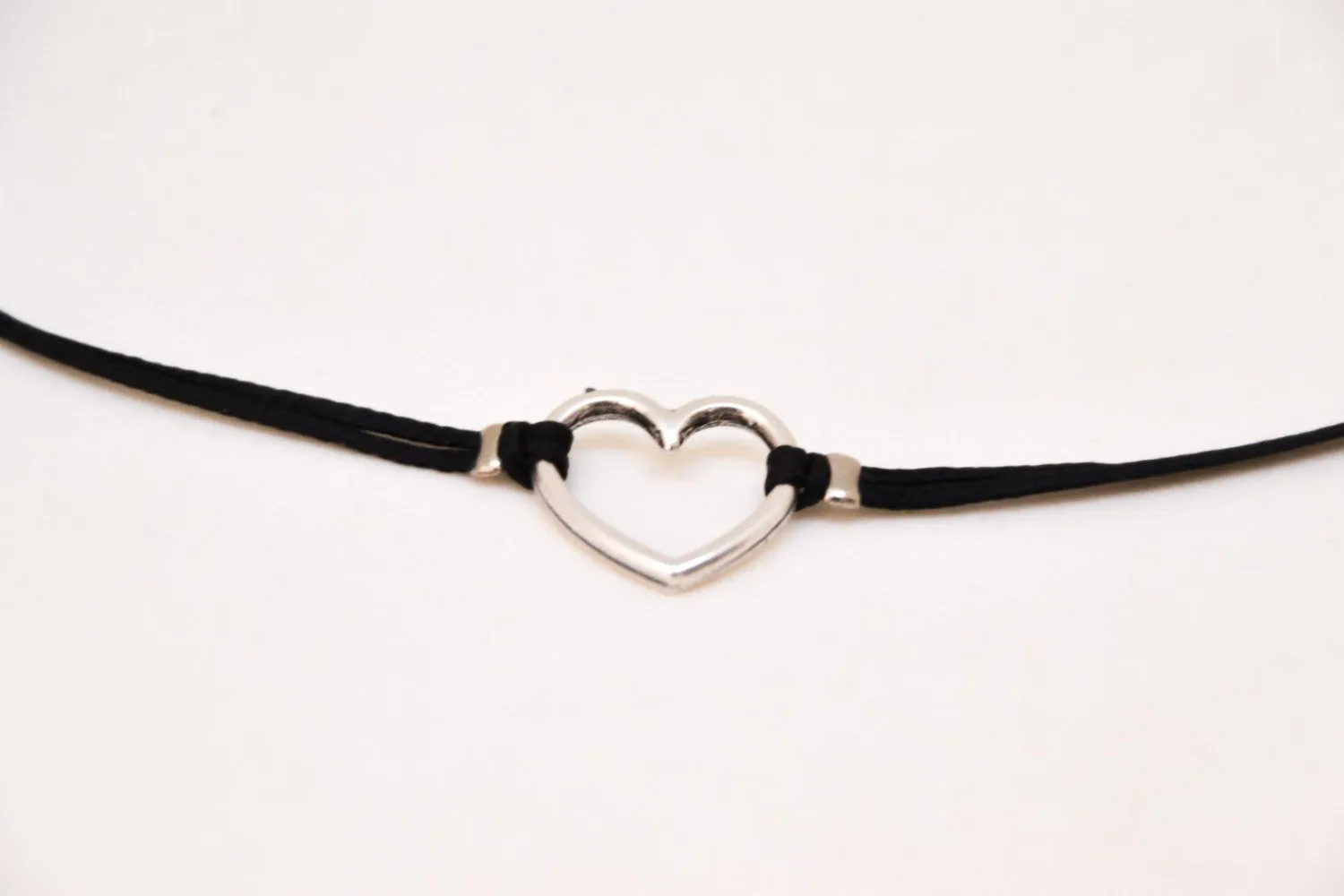 Silver heart necklace, black cord, gift for her