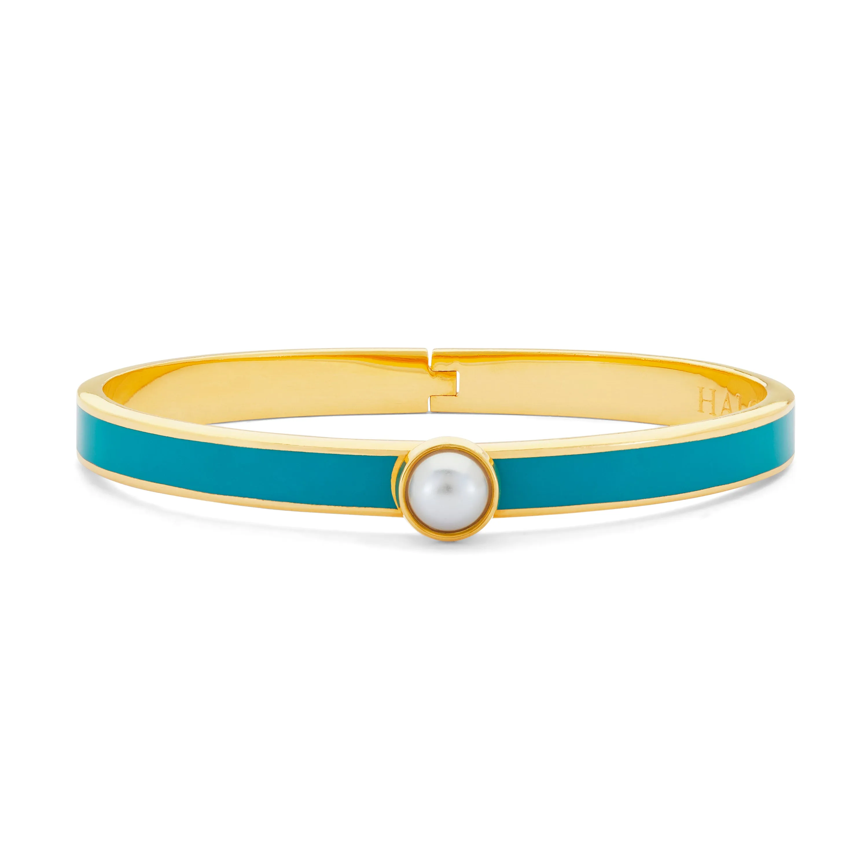 Skinny Cabochon Pearl Turquoise & Gold Bangle