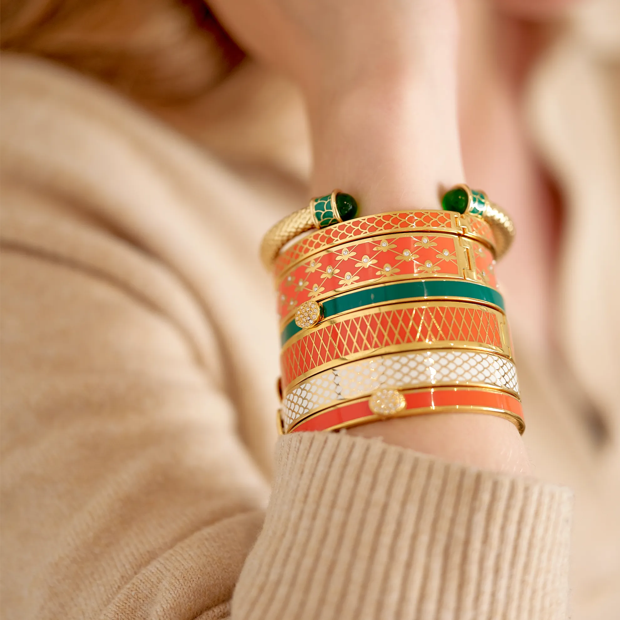 Skinny Pave Button Orange & Gold Bangle