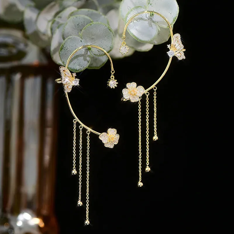 Sparkling Zircon Flower Butterfly Ear Bone Clip for Women Without Piercing Tassel Ear Cuff Clip Earrings Wedding Jewelry