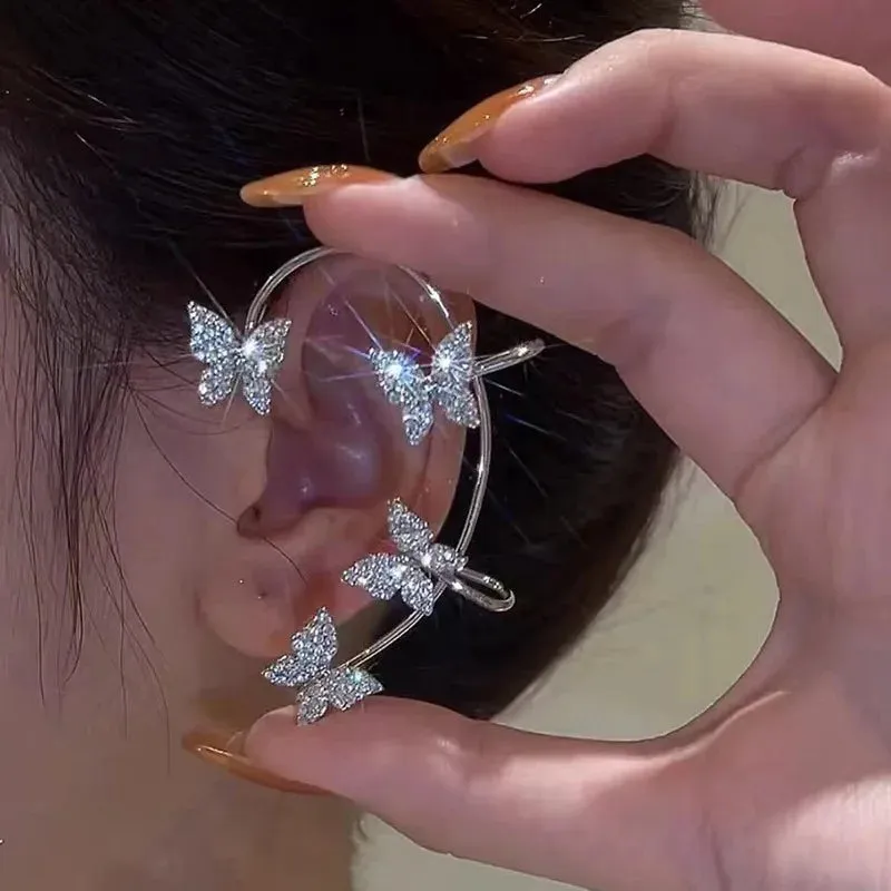 Sparkling Zircon Flower Butterfly Ear Bone Clip for Women Without Piercing Tassel Ear Cuff Clip Earrings Wedding Jewelry