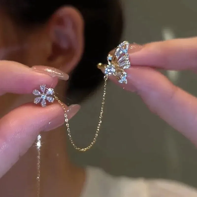 Sparkling Zircon Flower Butterfly Ear Bone Clip for Women Without Piercing Tassel Ear Cuff Clip Earrings Wedding Jewelry