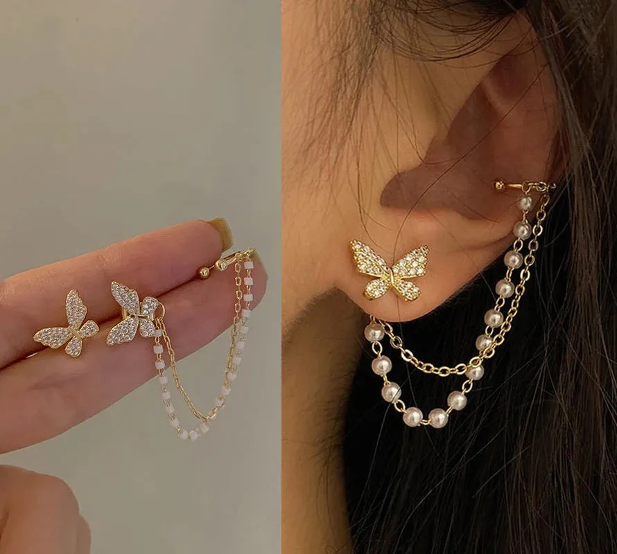 Sparkling Zircon Flower Butterfly Ear Bone Clip for Women Without Piercing Tassel Ear Cuff Clip Earrings Wedding Jewelry