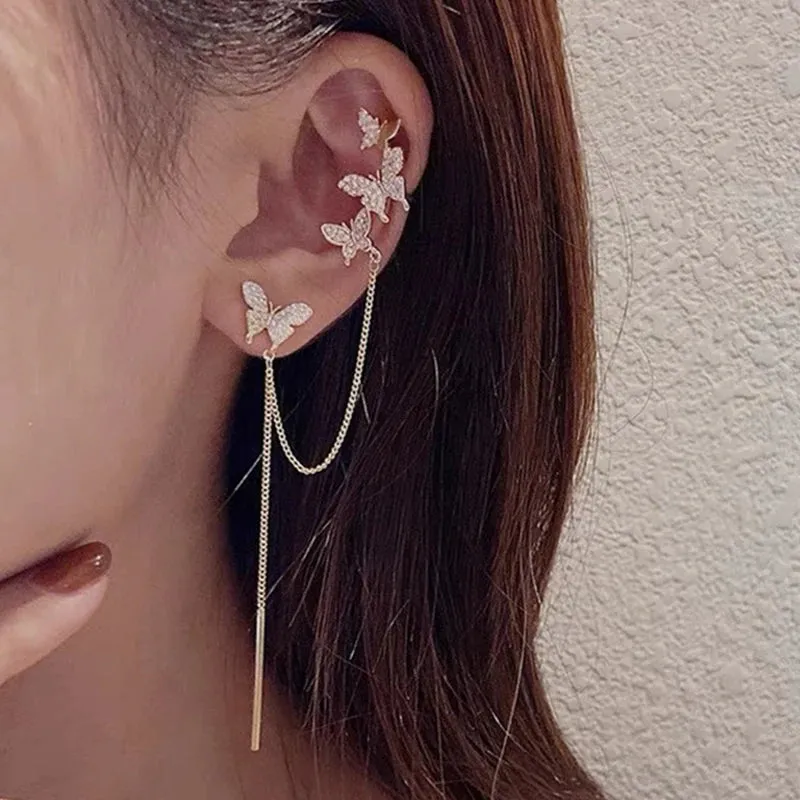 Sparkling Zircon Flower Butterfly Ear Bone Clip for Women Without Piercing Tassel Ear Cuff Clip Earrings Wedding Jewelry
