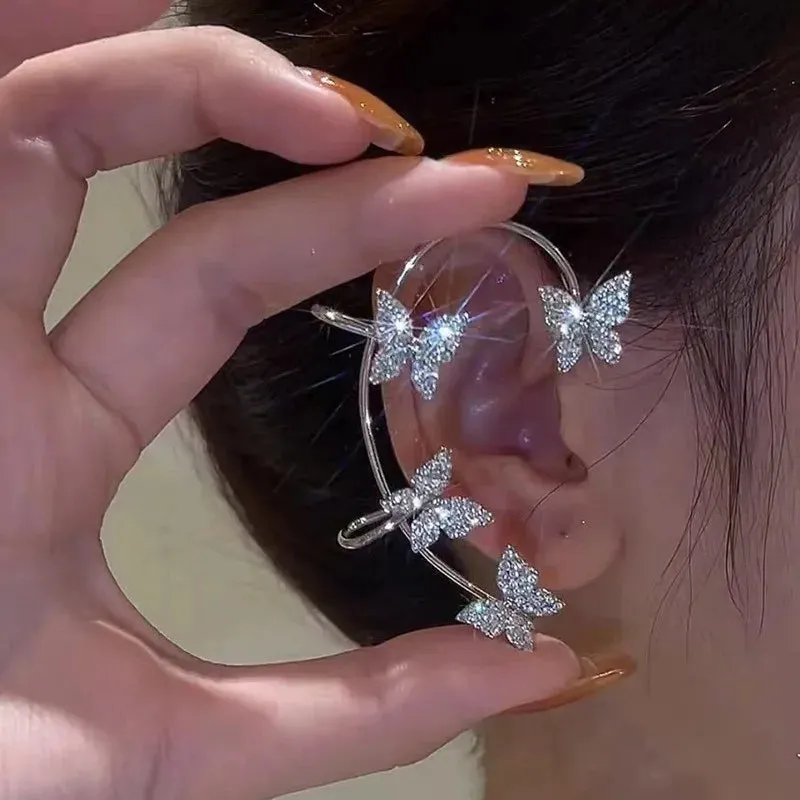 Sparkling Zircon Flower Butterfly Ear Bone Clip for Women Without Piercing Tassel Ear Cuff Clip Earrings Wedding Jewelry