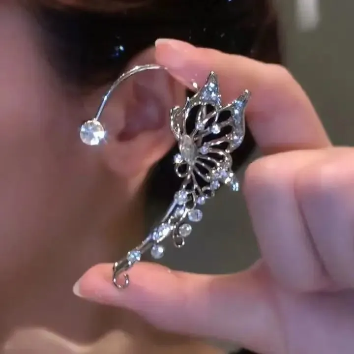 Sparkling Zircon Flower Butterfly Ear Bone Clip for Women Without Piercing Tassel Ear Cuff Clip Earrings Wedding Jewelry