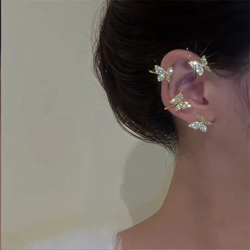Sparkling Zircon Flower Butterfly Ear Bone Clip for Women Without Piercing Tassel Ear Cuff Clip Earrings Wedding Jewelry
