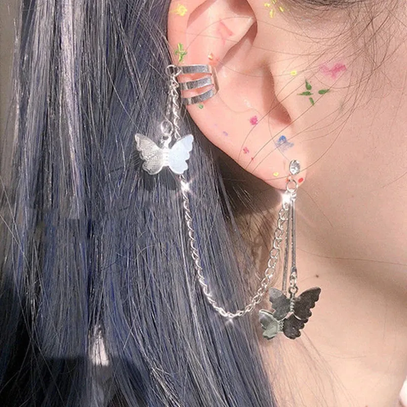 Sparkling Zircon Flower Butterfly Ear Bone Clip for Women Without Piercing Tassel Ear Cuff Clip Earrings Wedding Jewelry