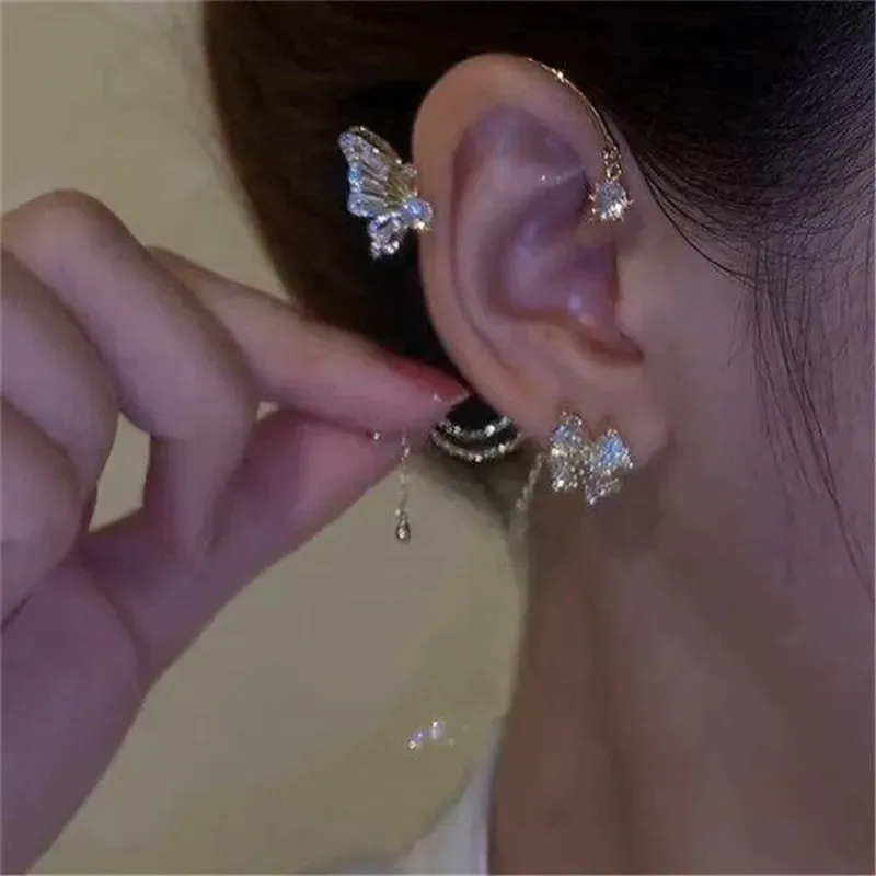 Sparkling Zircon Flower Butterfly Ear Bone Clip for Women Without Piercing Tassel Ear Cuff Clip Earrings Wedding Jewelry