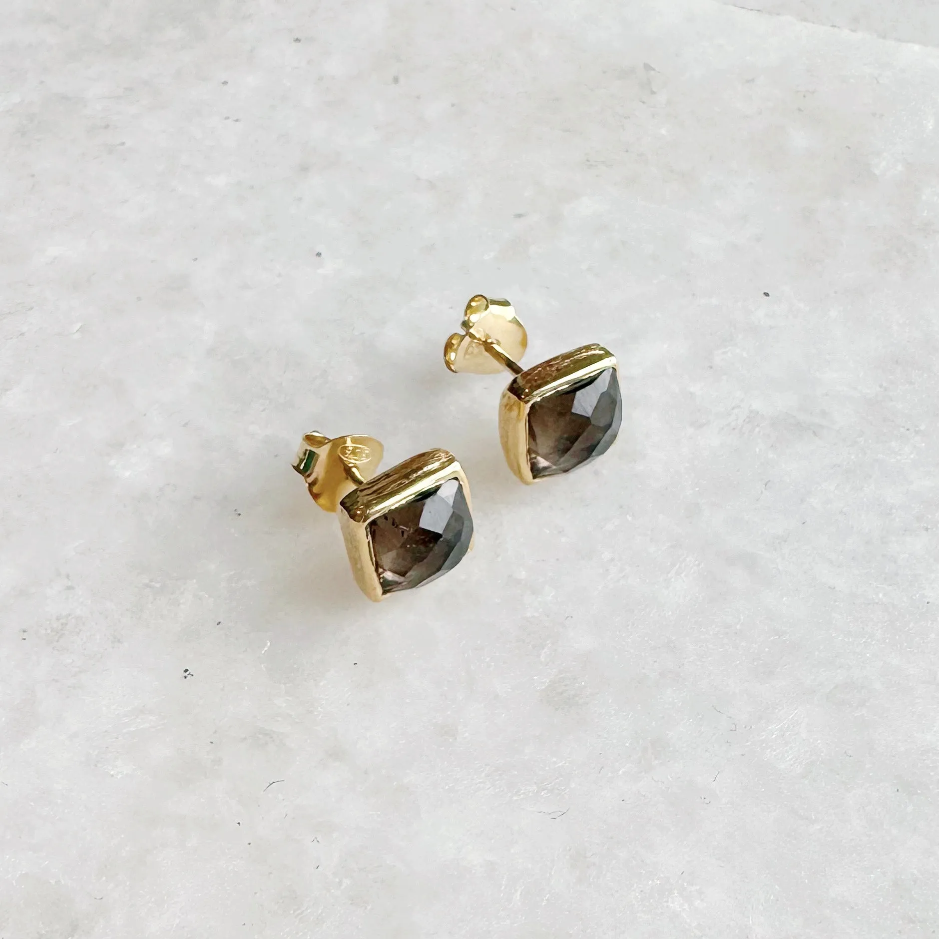 Square Gold Gemstone Stud Earrings: Smoky Quartz