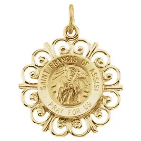 St Francis of Assisi Round Fleur de lis Yellow Gold Pendant 18 MM