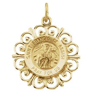 St Francis of Assisi Round Fleur de lis Yellow Gold Pendant 18 MM