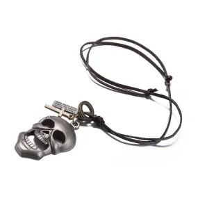 Stainless Steel Skull on Leather Necklace