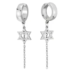 Steel Huggie Hinged Hoop Ear Clip Non-piercing Clip on Earring Dangling Star of David and Long Chain