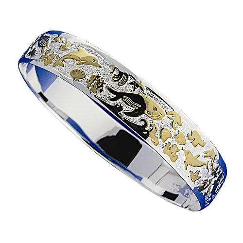 Sterling Silver Hawaiian Sea Life Bangle Two Tone Yellow Gold