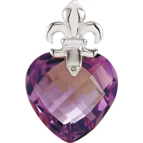 Sterling Silver Heart Amethyst with Fleur-de-lis Design Pendant