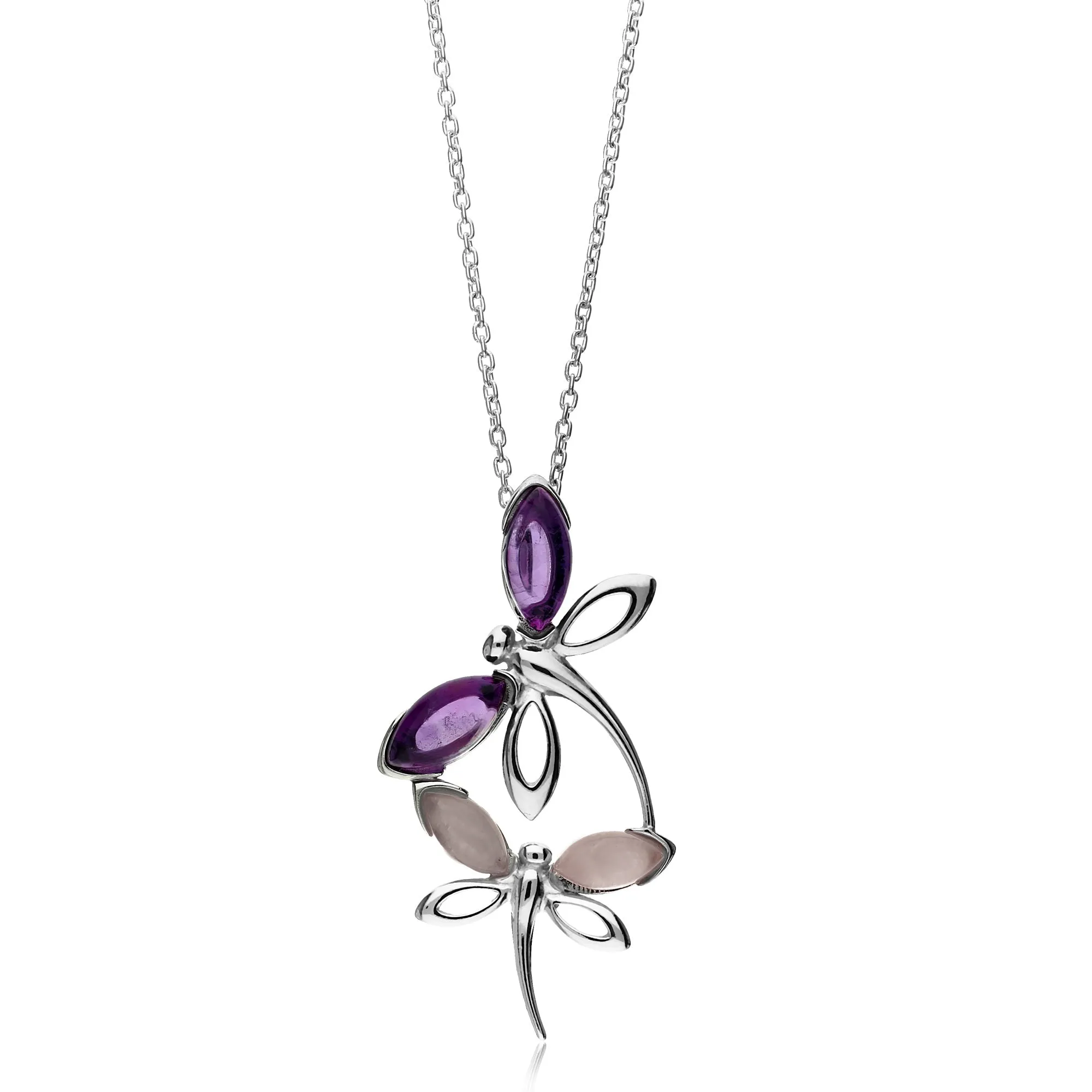 Sterling Silver Rose Quartz and Amethyst Dragonfly Pendant