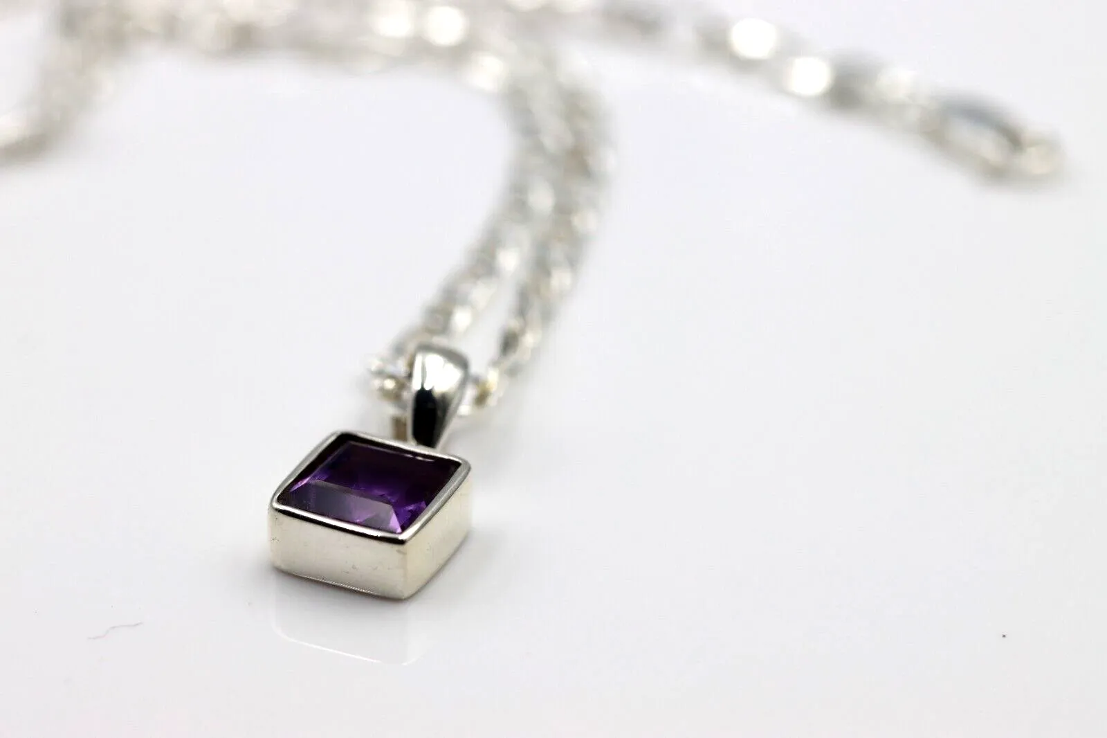 Sterling Silver Square Bezel Set Natural Amethyst Pendant   Necklace
