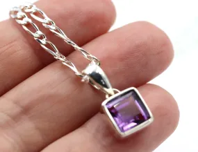 Sterling Silver Square Bezel Set Natural Amethyst Pendant   Necklace