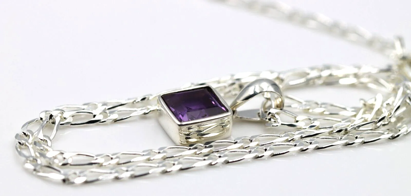 Sterling Silver Square Bezel Set Natural Amethyst Pendant   Necklace