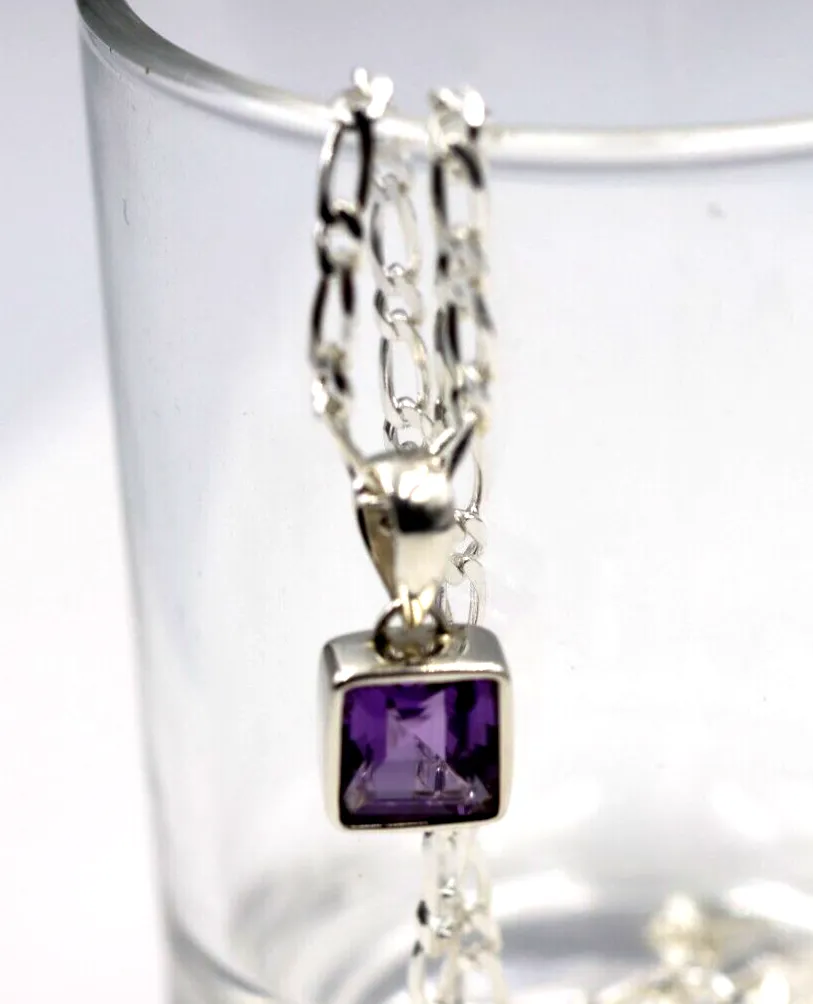 Sterling Silver Square Bezel Set Natural Amethyst Pendant   Necklace