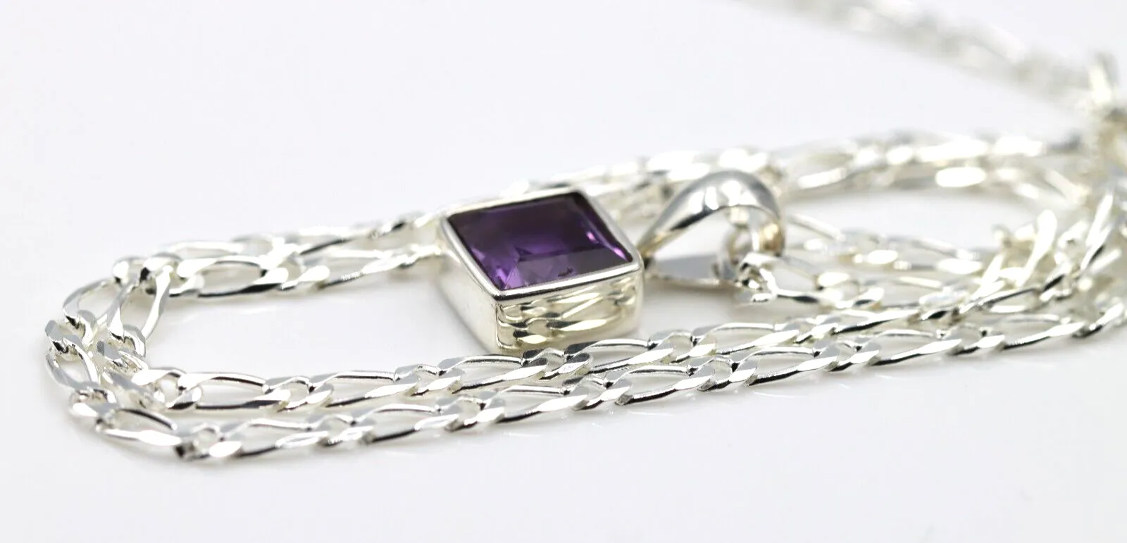 Sterling Silver Square Bezel Set Natural Amethyst Pendant   Necklace