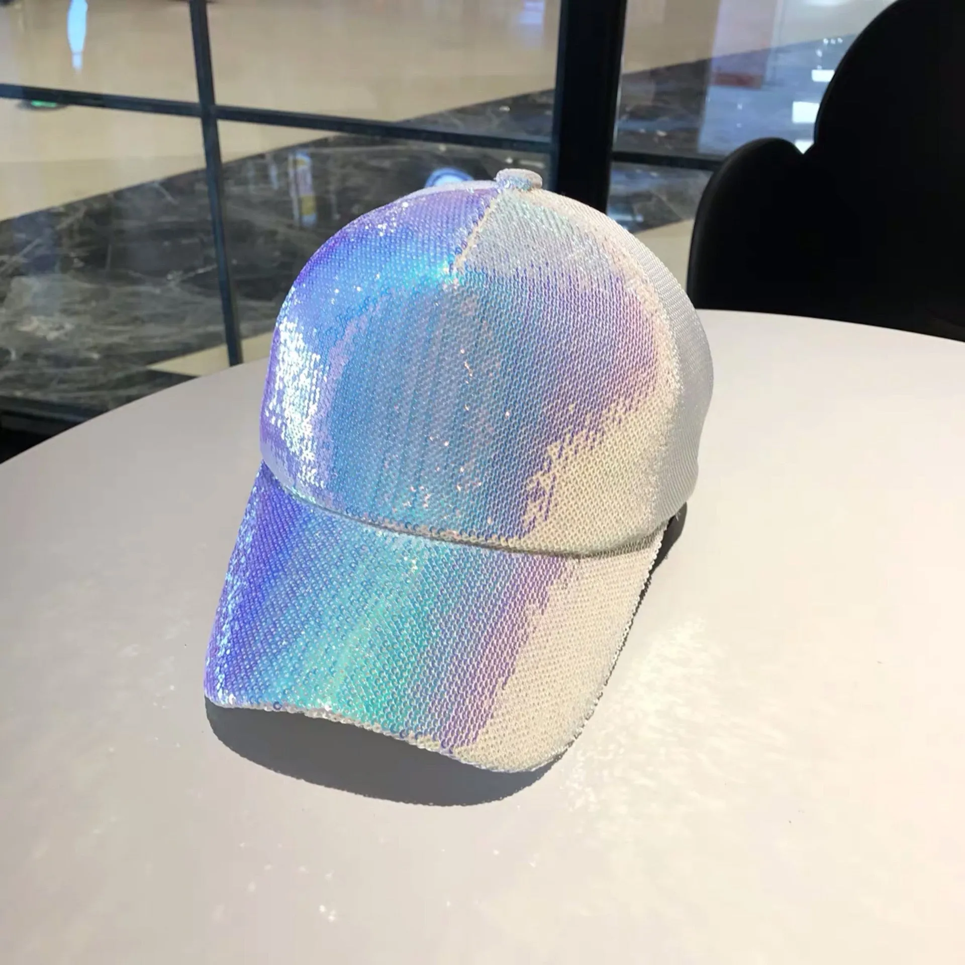 Striking Pretty Adjustable Women Panama Girls Hats For Party Club Gathering rainbow Sequins  Shining Mesh Baseball Cap