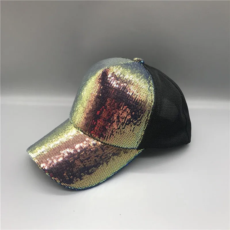 Striking Pretty Adjustable Women Panama Girls Hats For Party Club Gathering rainbow Sequins  Shining Mesh Baseball Cap
