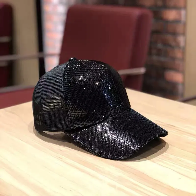 Striking Pretty Adjustable Women Panama Girls Hats For Party Club Gathering rainbow Sequins  Shining Mesh Baseball Cap