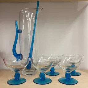 Teal Blue Swirl Pitcher & Glasses (Set of 7)