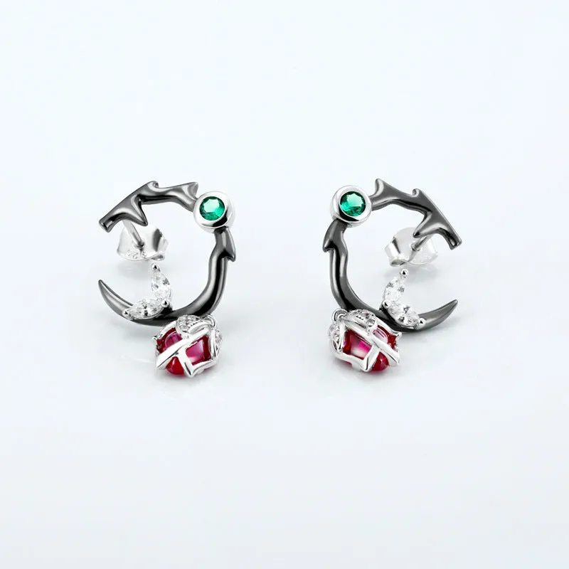 Thorn Rose Red Corundum with Zircon Silver Drop Earrings for Women