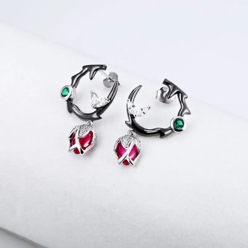 Thorn Rose Red Corundum with Zircon Silver Drop Earrings for Women
