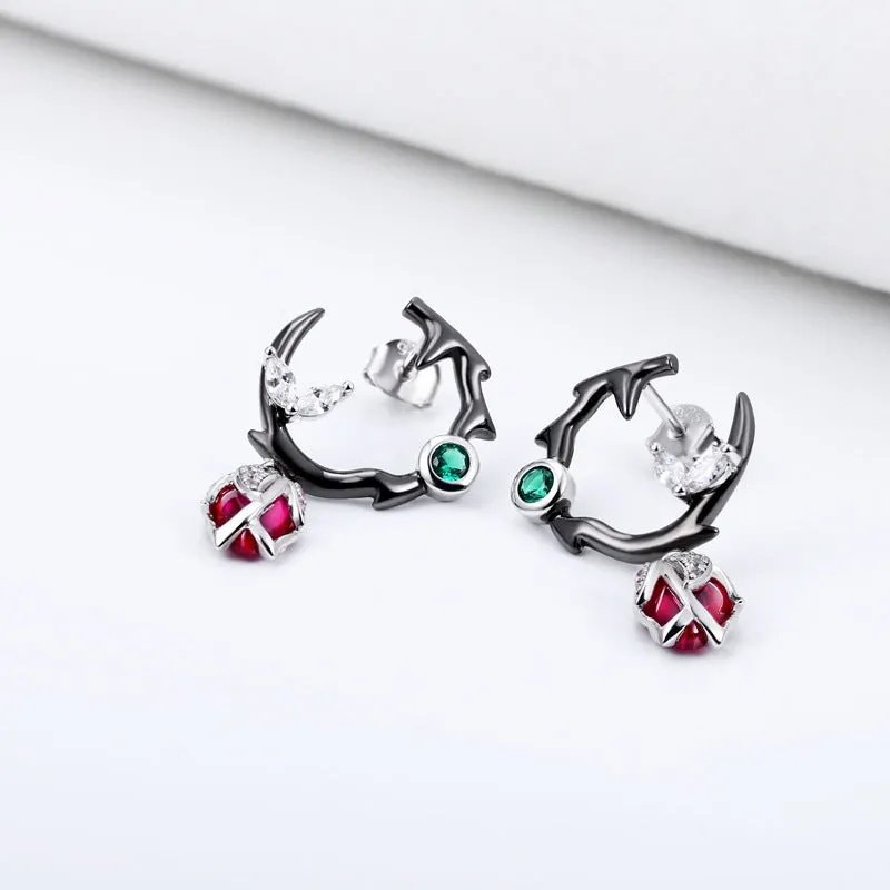 Thorn Rose Red Corundum with Zircon Silver Drop Earrings for Women