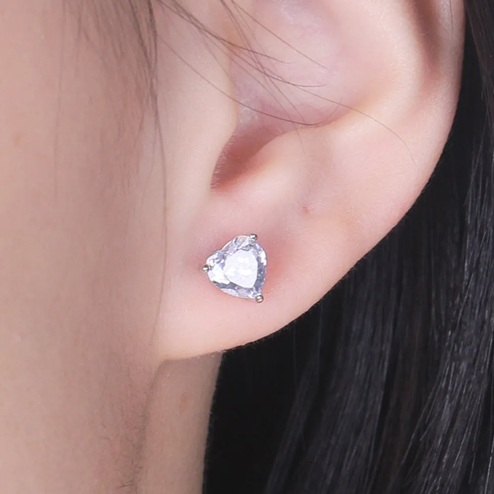 Three Prongs Heart Zircon Silver Studs Earrings for Women