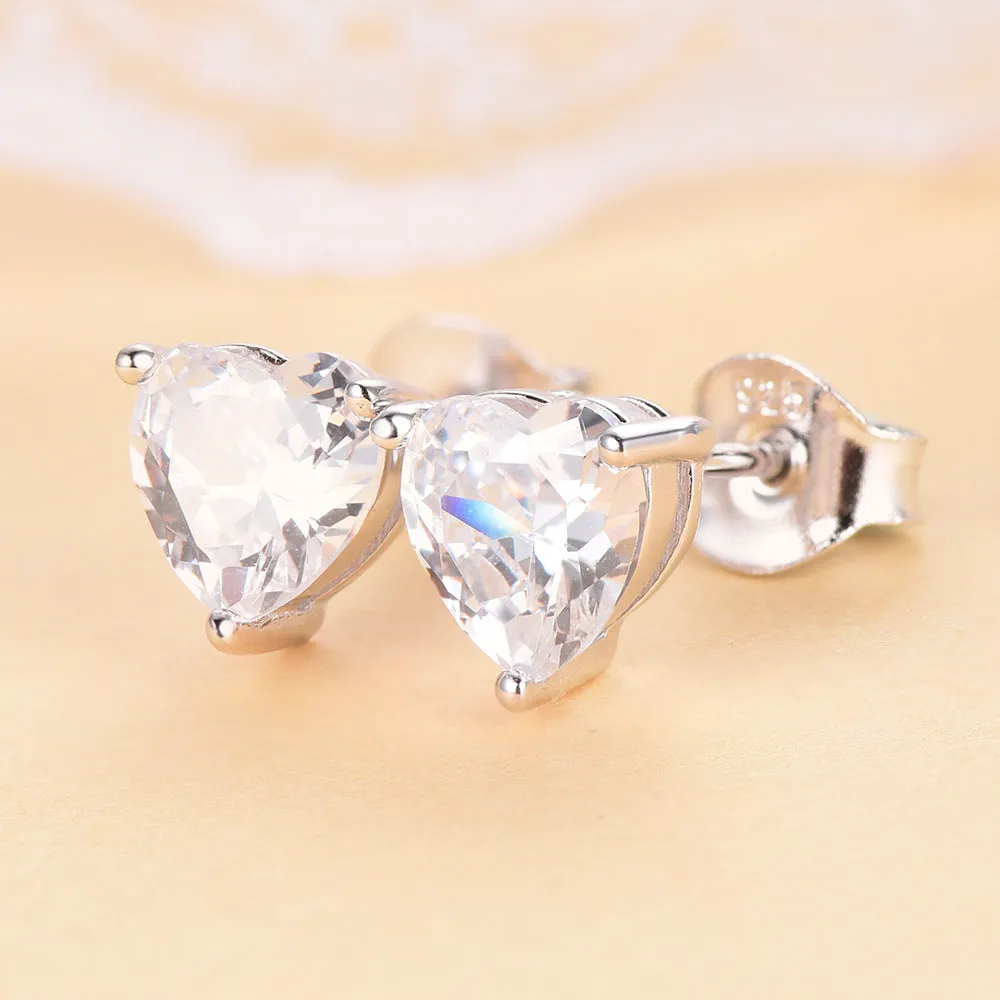 Three Prongs Heart Zircon Silver Studs Earrings for Women