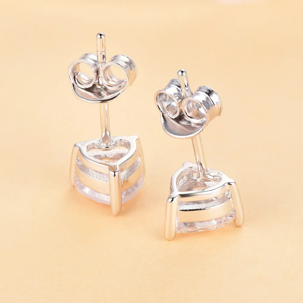 Three Prongs Heart Zircon Silver Studs Earrings for Women