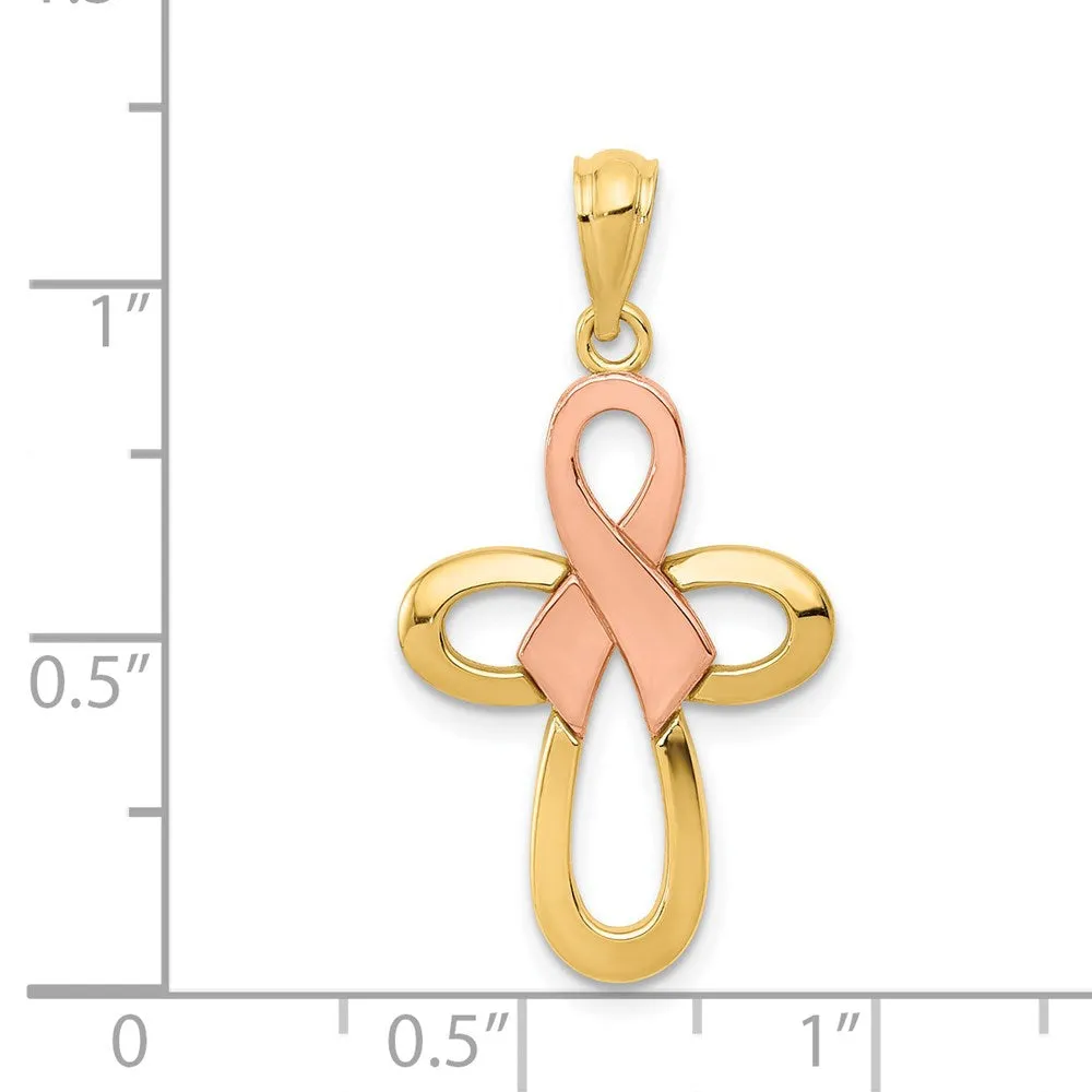 Two-Tone Polished Pink Ribbon Cross Necklace Pendant