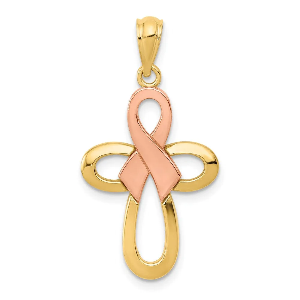 Two-Tone Polished Pink Ribbon Cross Necklace Pendant