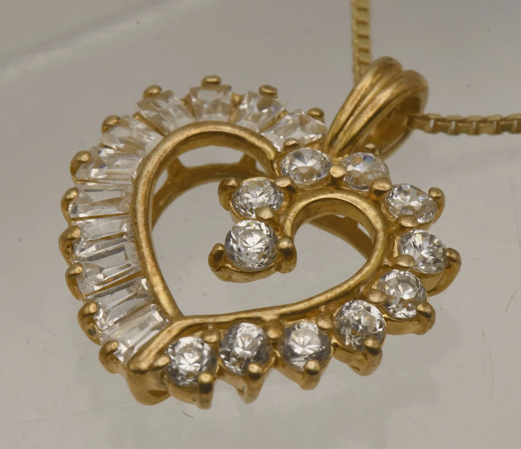 Vintage Cubic Zirconia Vermeil Heart Pendant on Gold Tone Chain Necklace - 18"