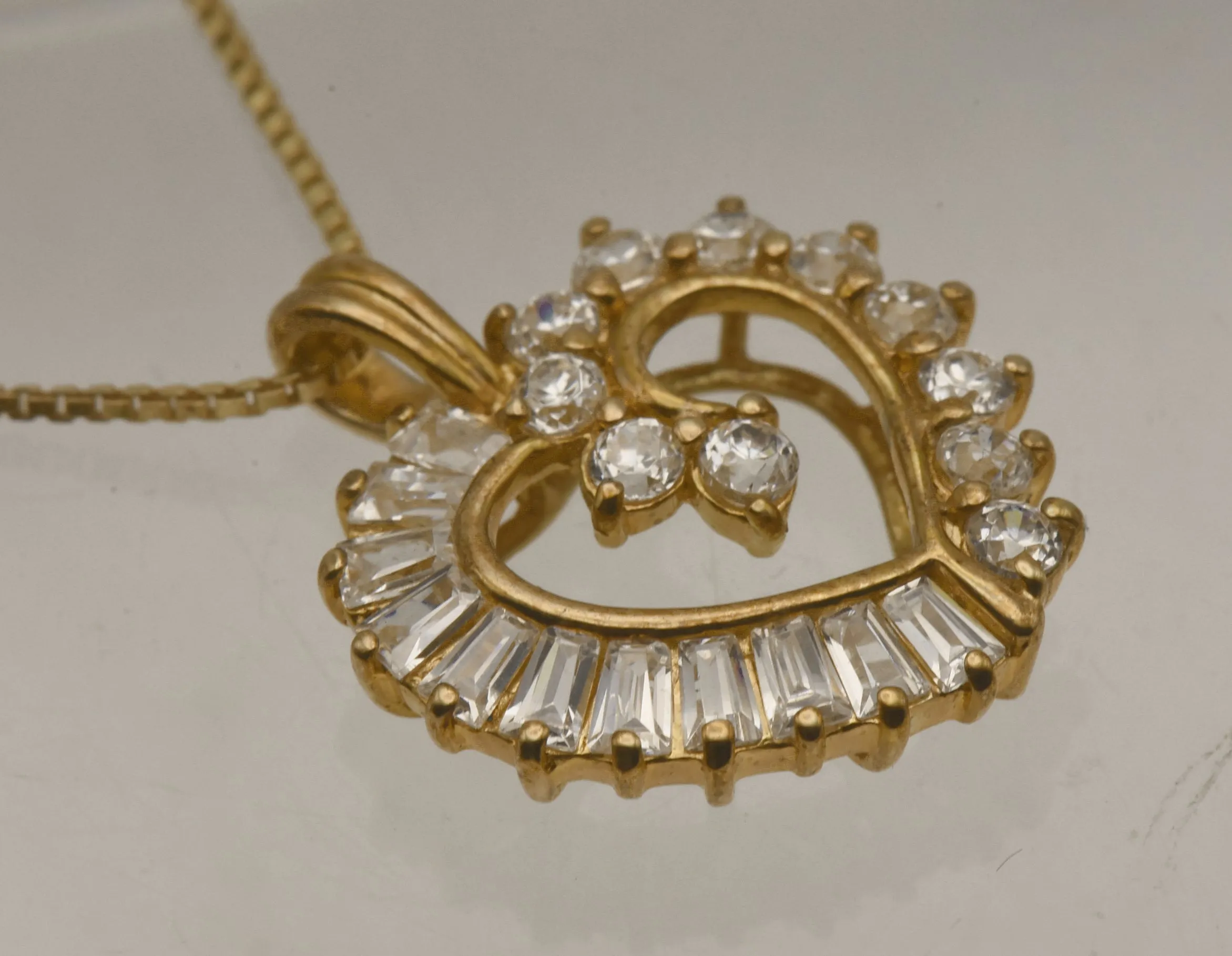 Vintage Cubic Zirconia Vermeil Heart Pendant on Gold Tone Chain Necklace - 18"