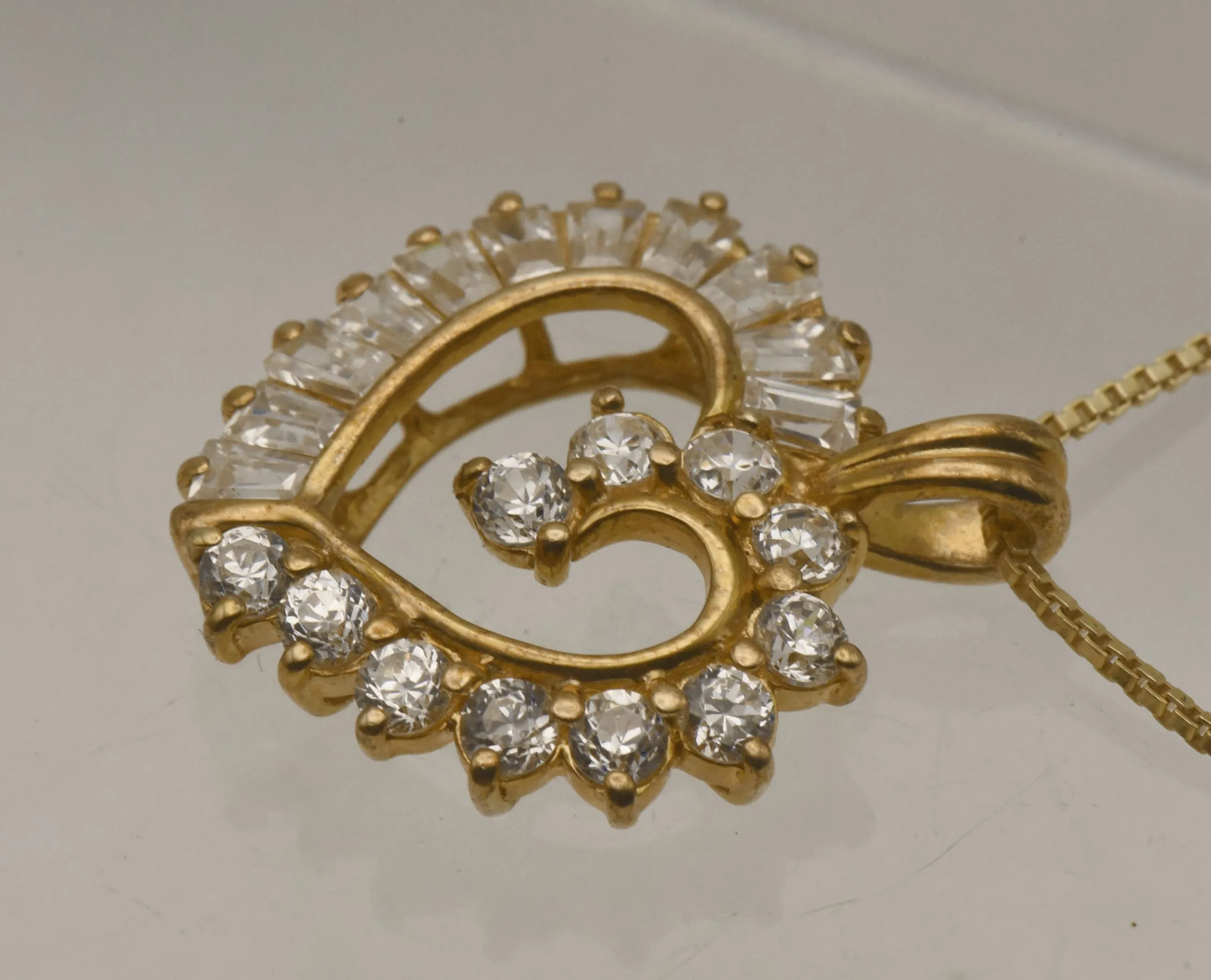 Vintage Cubic Zirconia Vermeil Heart Pendant on Gold Tone Chain Necklace - 18"