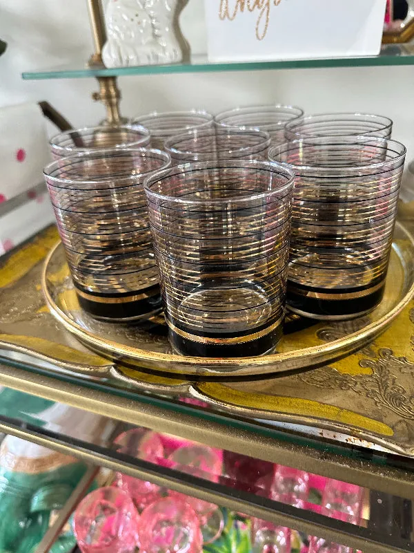 Vintage Culver Glasses and Tray Set, Black and Gold Stripe, 8 Lowball Glasses