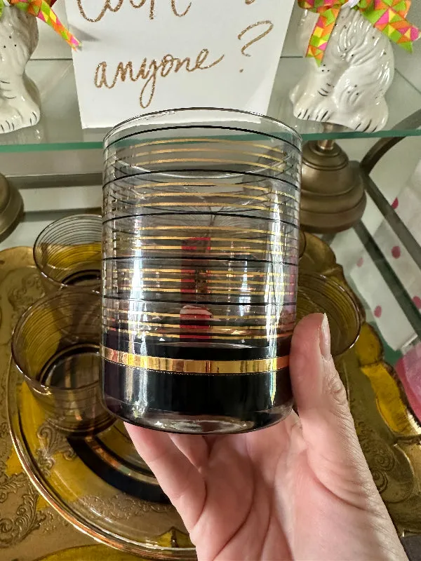 Vintage Culver Glasses and Tray Set, Black and Gold Stripe, 8 Lowball Glasses