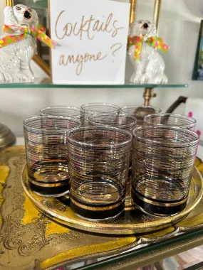 Vintage Culver Glasses and Tray Set, Black and Gold Stripe, 8 Lowball Glasses