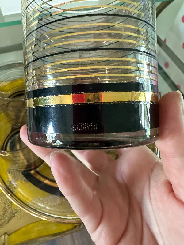 Vintage Culver Glasses and Tray Set, Black and Gold Stripe, 8 Lowball Glasses
