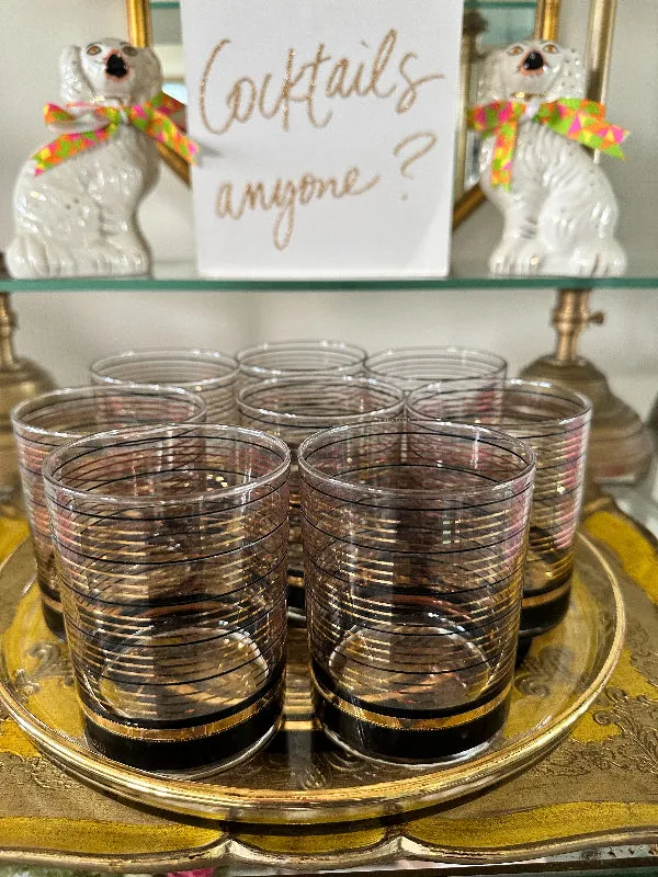 Vintage Culver Glasses and Tray Set, Black and Gold Stripe, 8 Lowball Glasses