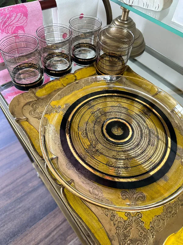 Vintage Culver Glasses and Tray Set, Black and Gold Stripe, 8 Lowball Glasses