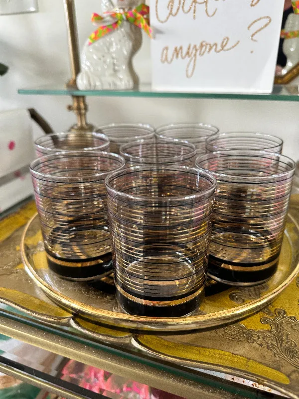 Vintage Culver Glasses and Tray Set, Black and Gold Stripe, 8 Lowball Glasses