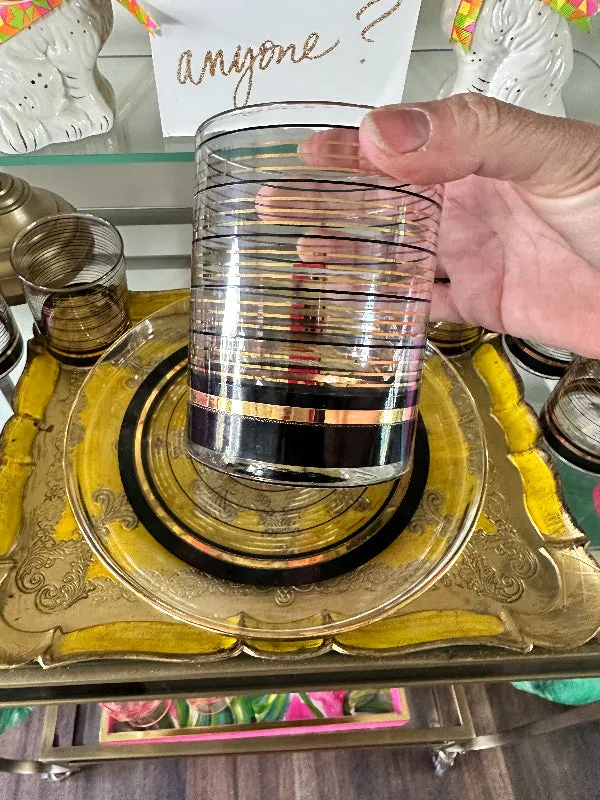 Vintage Culver Glasses and Tray Set, Black and Gold Stripe, 8 Lowball Glasses