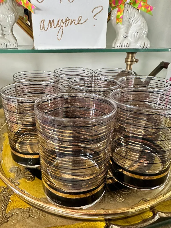 Vintage Culver Glasses and Tray Set, Black and Gold Stripe, 8 Lowball Glasses
